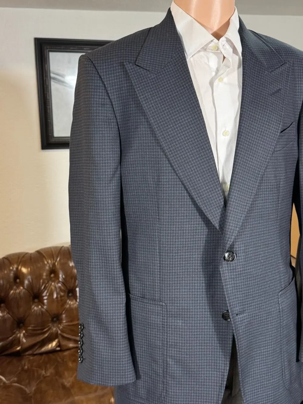 Tom Ford Blue Houndstooth Blazer Peak Lapel Sport Jacket 50 40R Wool Shelton EUC